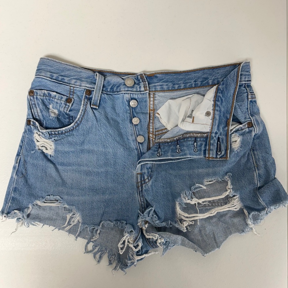 Levi's 501 Original Shorts Womens 27 Light Wash Blue Distressed Cut Off Denim